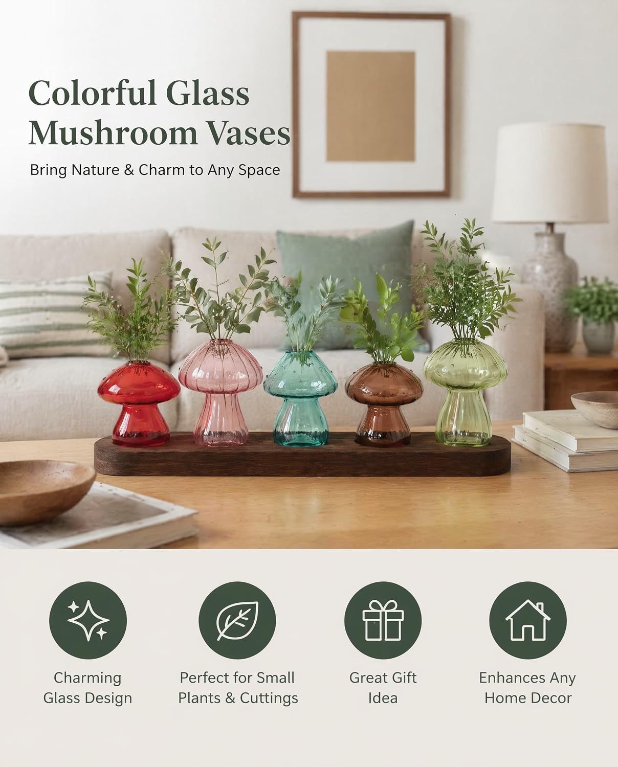 Mushroom Glass Vase Set of 5, Colored Propagation Station, Mushroom Planter | High Borosilicate Glass for Home Office