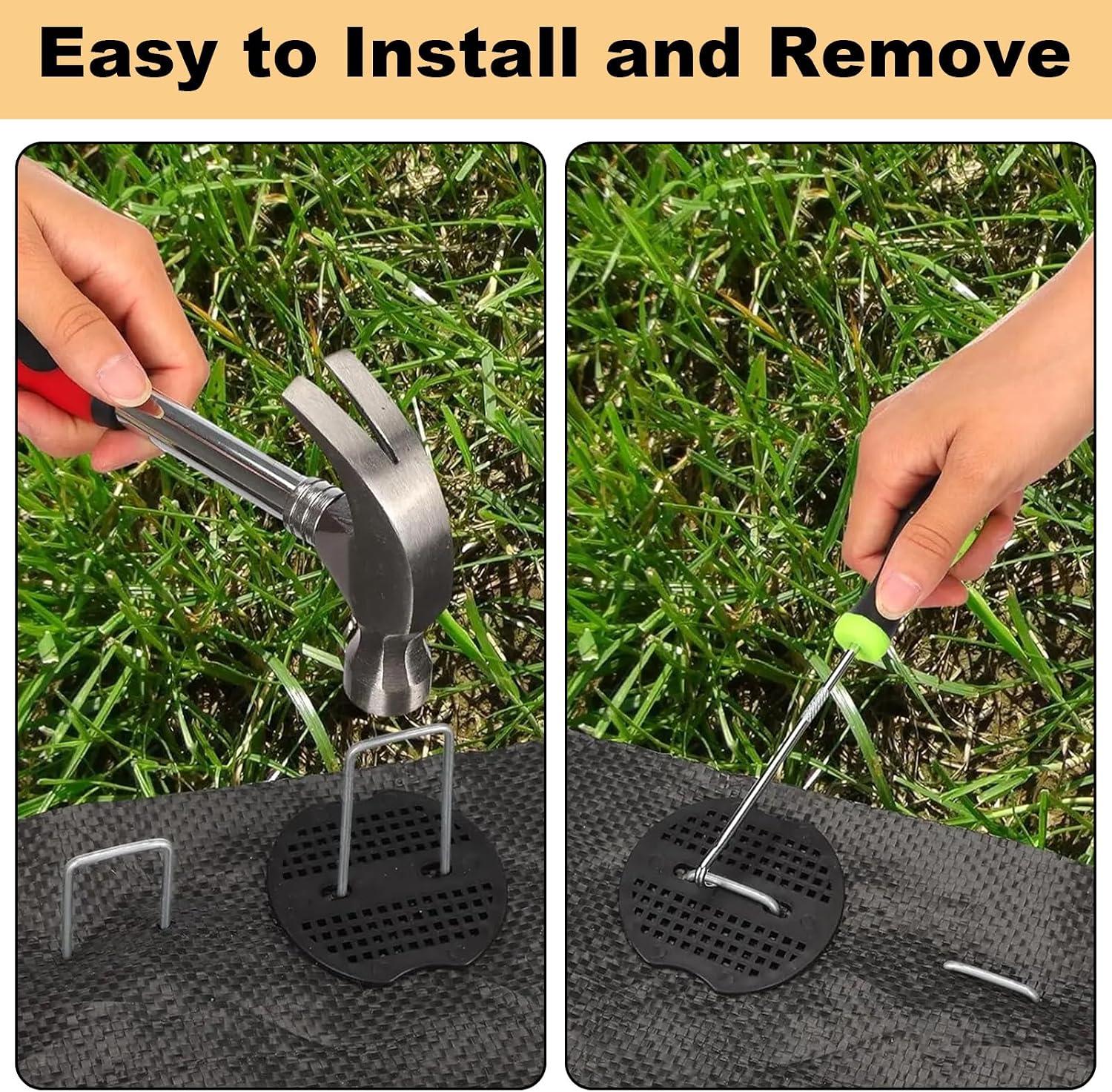 8 Inch Landscape Staples Set, 200Pcs U-Shaped Landscape Staples and 200Pcs Fixing Gasket with 1 Pcs Pick Hook for Weed