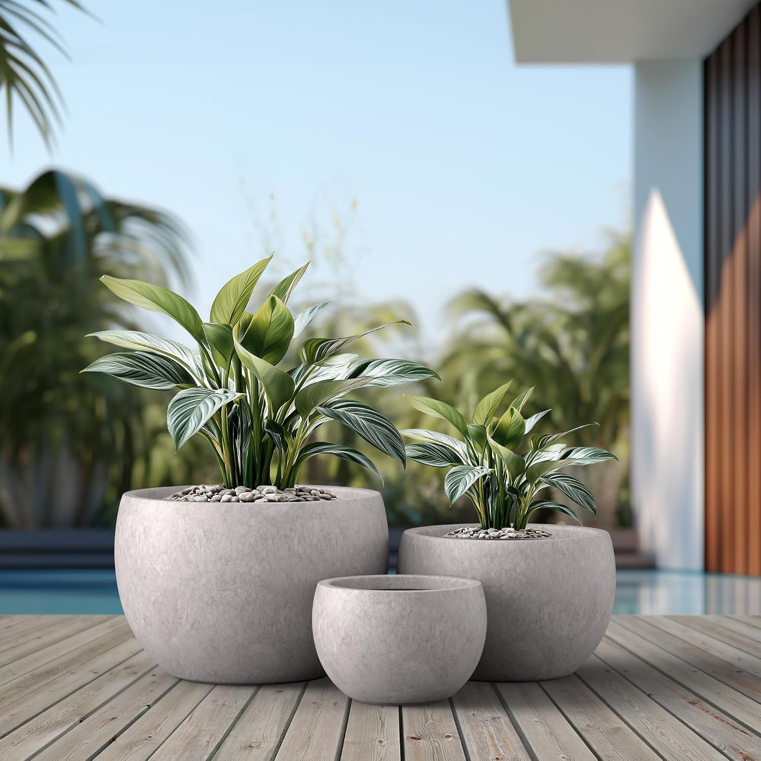 Kante Set of 3 CON Gray Concrete Bowl Planters 19.9" 15.7" 11.8" Dia | Drainage for Outdoor, Rubber Plug for Indoor