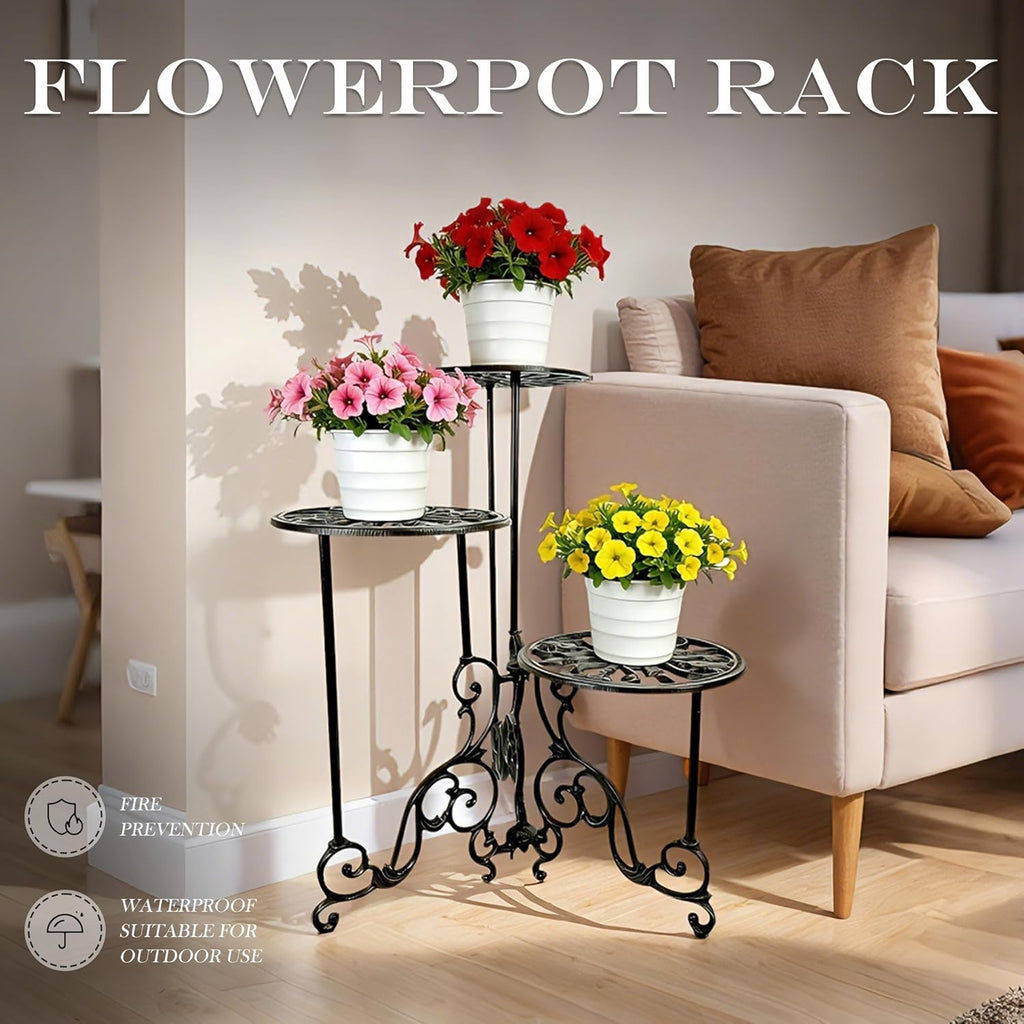 Cast Iron Plant Stand 3 Tier, 24in Tall Foldable Vintage Ornate Flower Pot Holder, Heavy Duty Tiered Plant Shelf Indoor