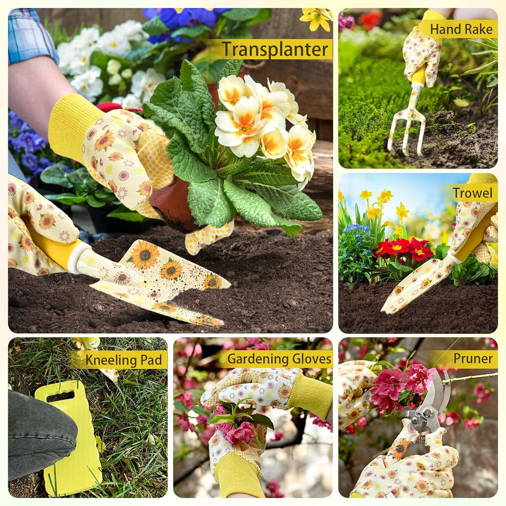 Lifecapido Gardening Gifts for Women, Gardening Hand Tools, 9 PCS Sunflower Garden Tool Set Kit with Garden Tool Bag