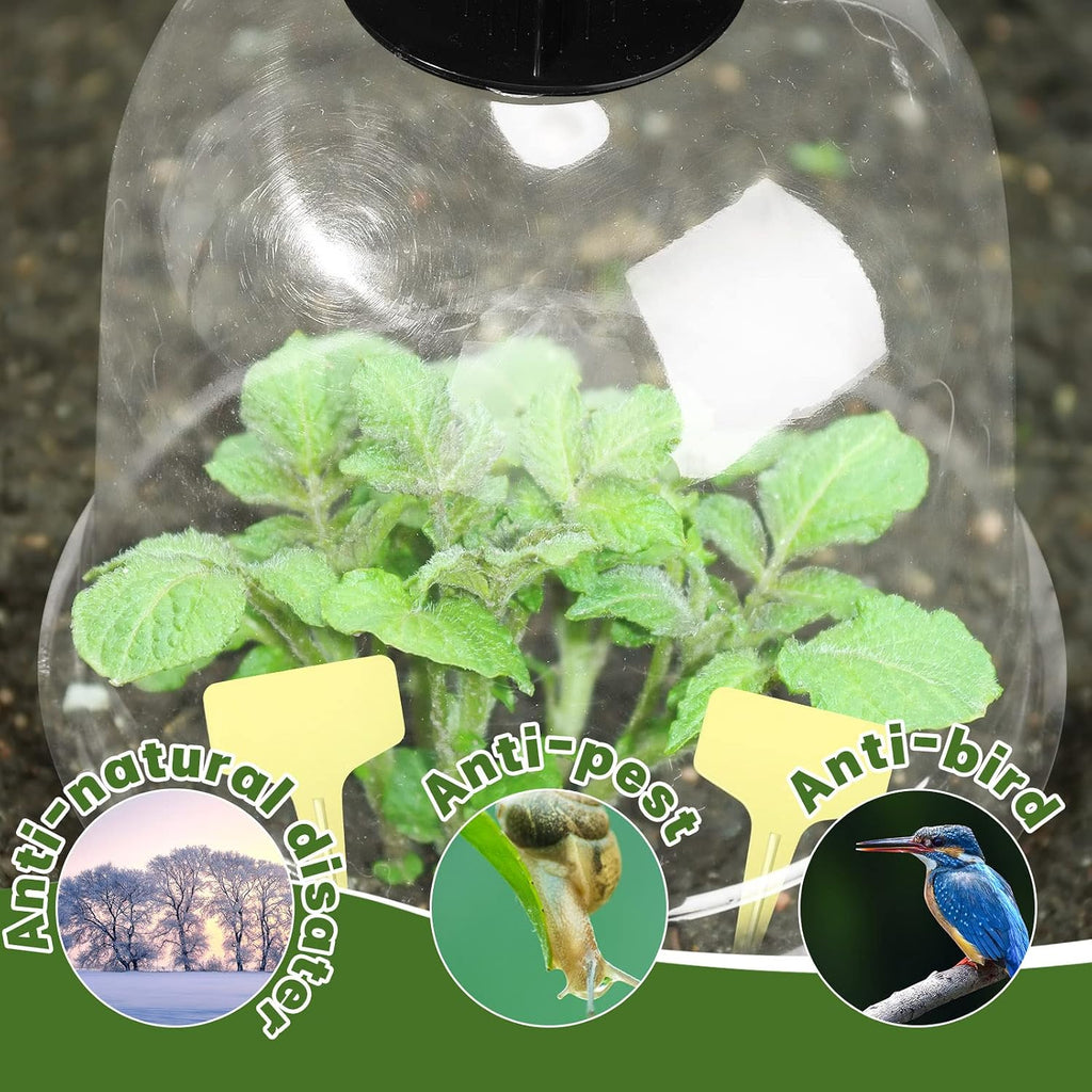 20 Pack Garden Cloches for Plants Clear Bell Covers 7.3x6.7 Inch | with 60 Pegs 20 Labels, Freeze Protection Humidity