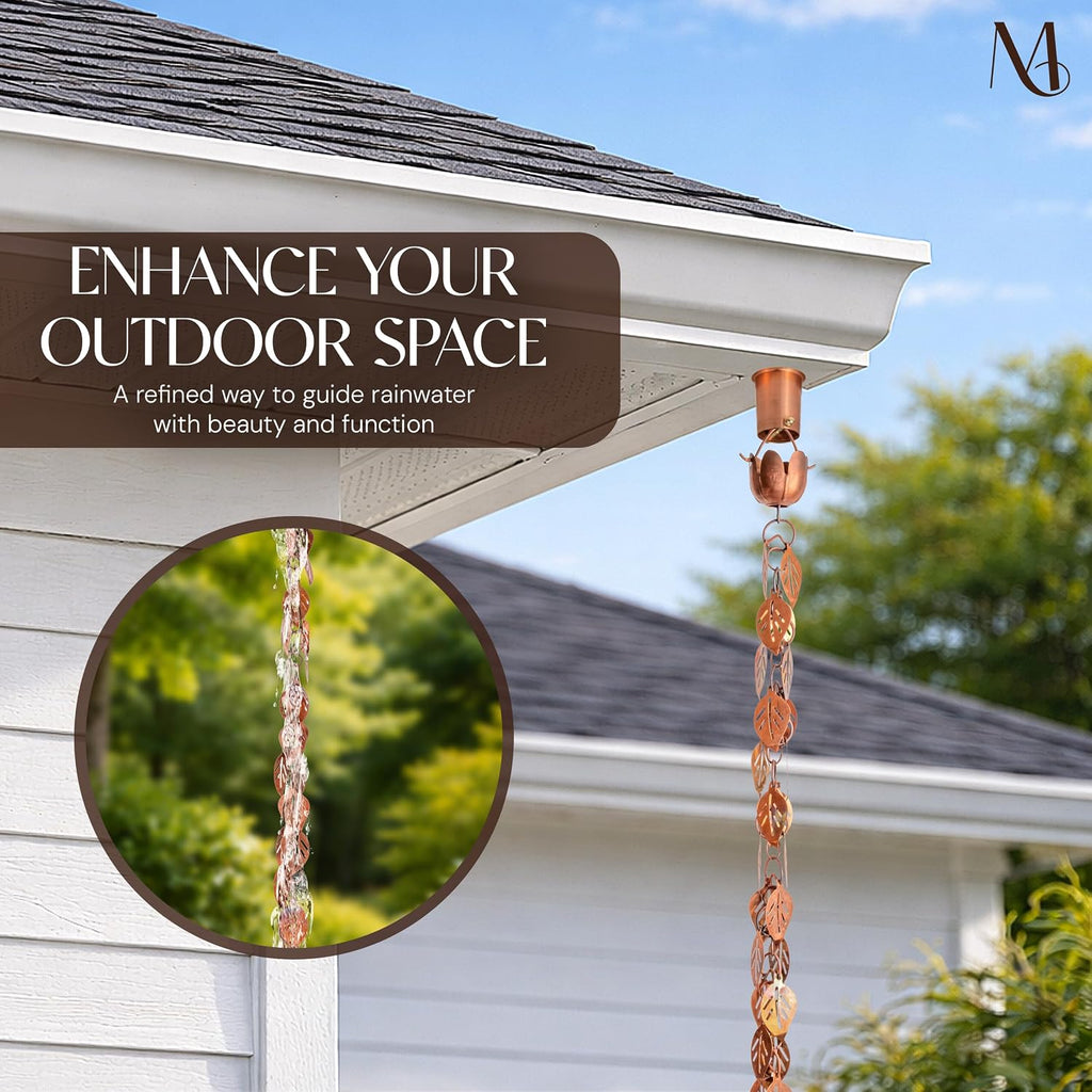 Monarch Rain Chains Pure Copper Cascading Leaves Rain Chains for Gutters – 8.5 ft Decorative Rainchain Outdoor Durable