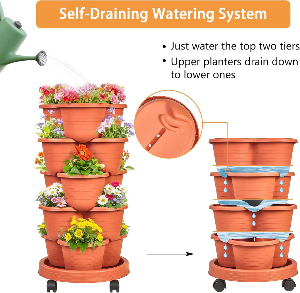VECELO 5 Tier Vertical Garden Planter, Self Watering Stackable Planters with Wheels for Strawberries, Herbs, Flowers