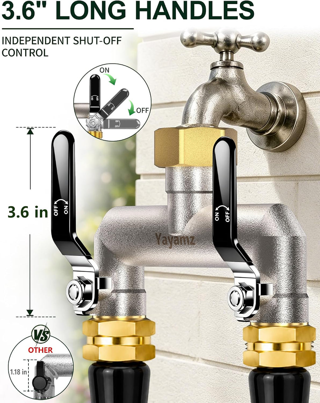 2 Way Garden Hose Splitter, 3/4" GHT Outdoor Faucet Splitter | Heavy-duty Solid Brass Body, Easy-turn Handles &