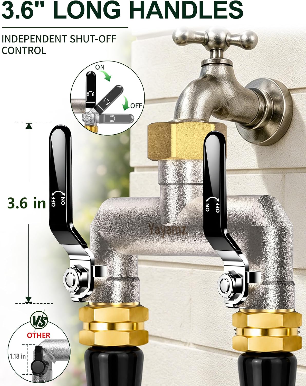 2 Way Garden Hose Splitter, 3/4" GHT Outdoor Faucet Splitter | Heavy-duty Solid Brass Body, Easy-turn Handles &
