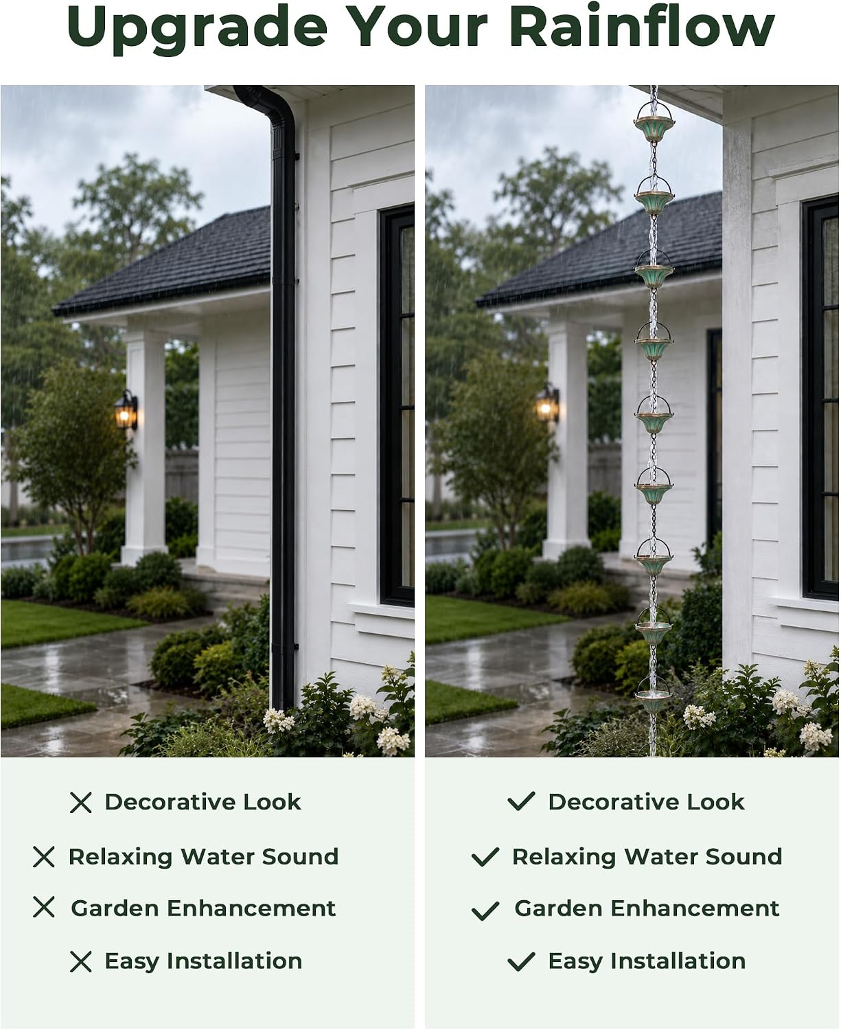 Rain Catcher Chain Fluted Cup Metal Downspout Replacement | 8.6FT Length Rain Chain for Gutters 12 Metal Cups Crystal