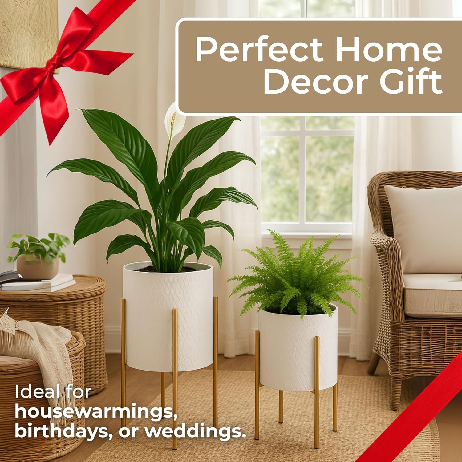 Decorative Flower Pots with Metal Stand for Home Decor - Modern Planters for Hallway, Entryway, and Living Room Decor