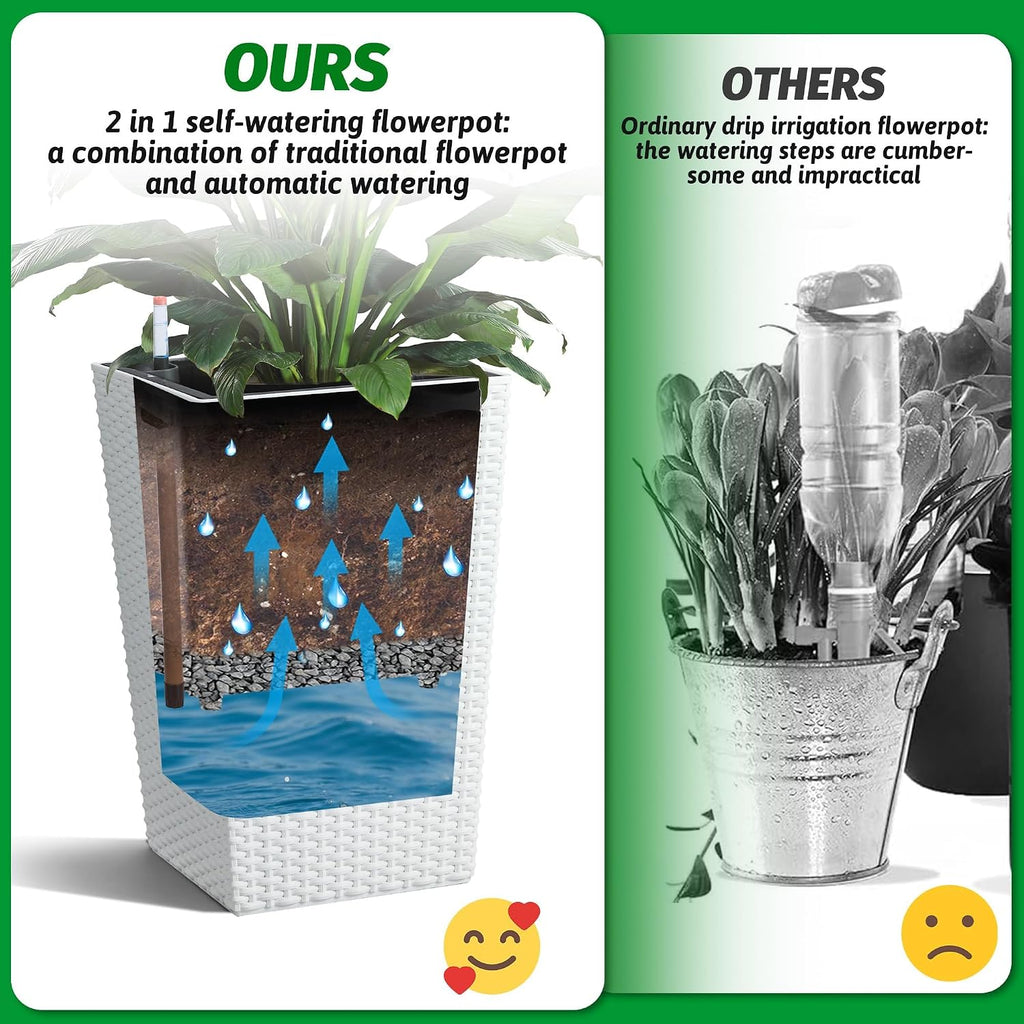 Self-Watering Rattan Tall Planter Pot with Water Level Indicator | Weather-resistant rattan planter, modern decor for