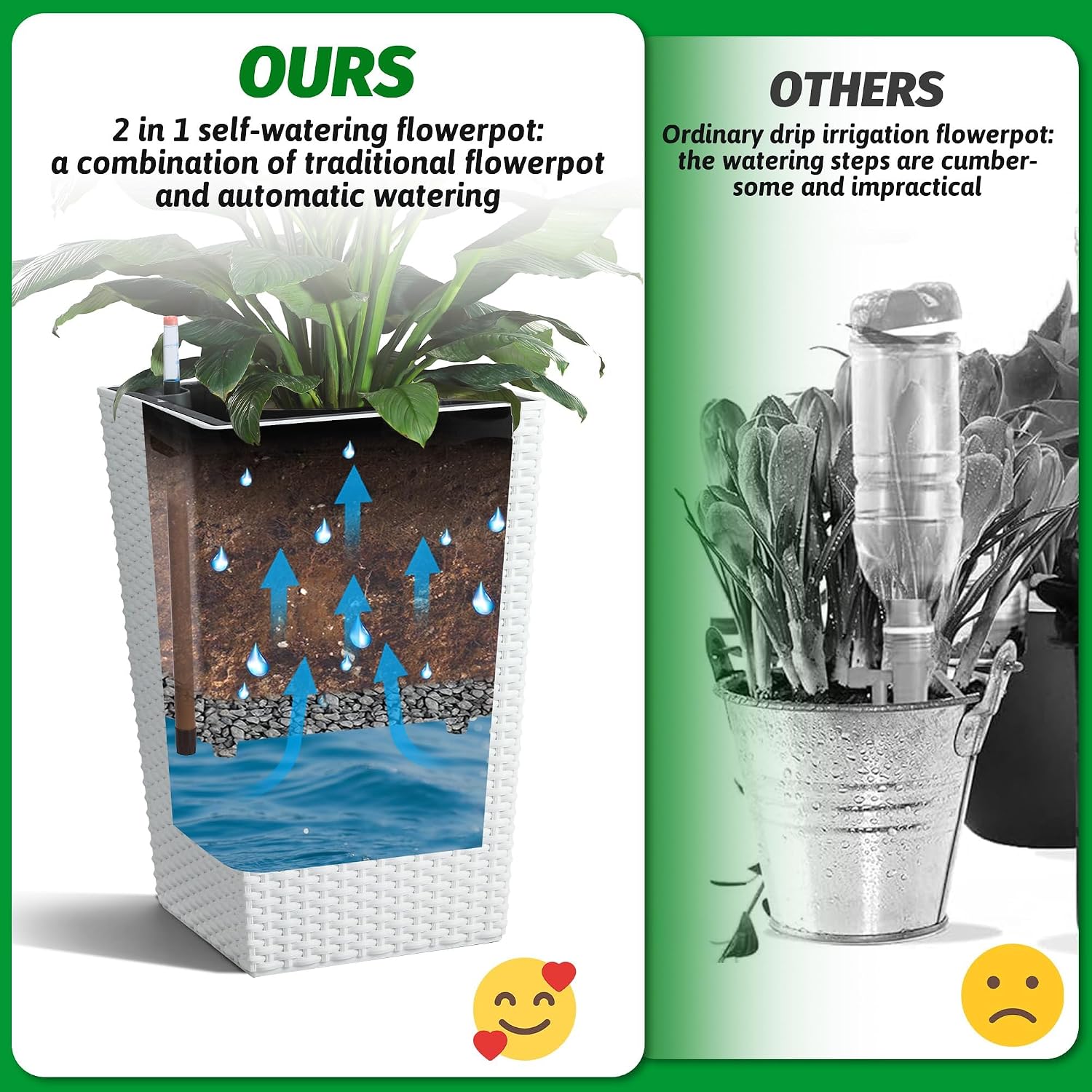 Self-Watering Rattan Tall Planter Pot with Water Level Indicator | Weather-resistant rattan planter, modern decor for