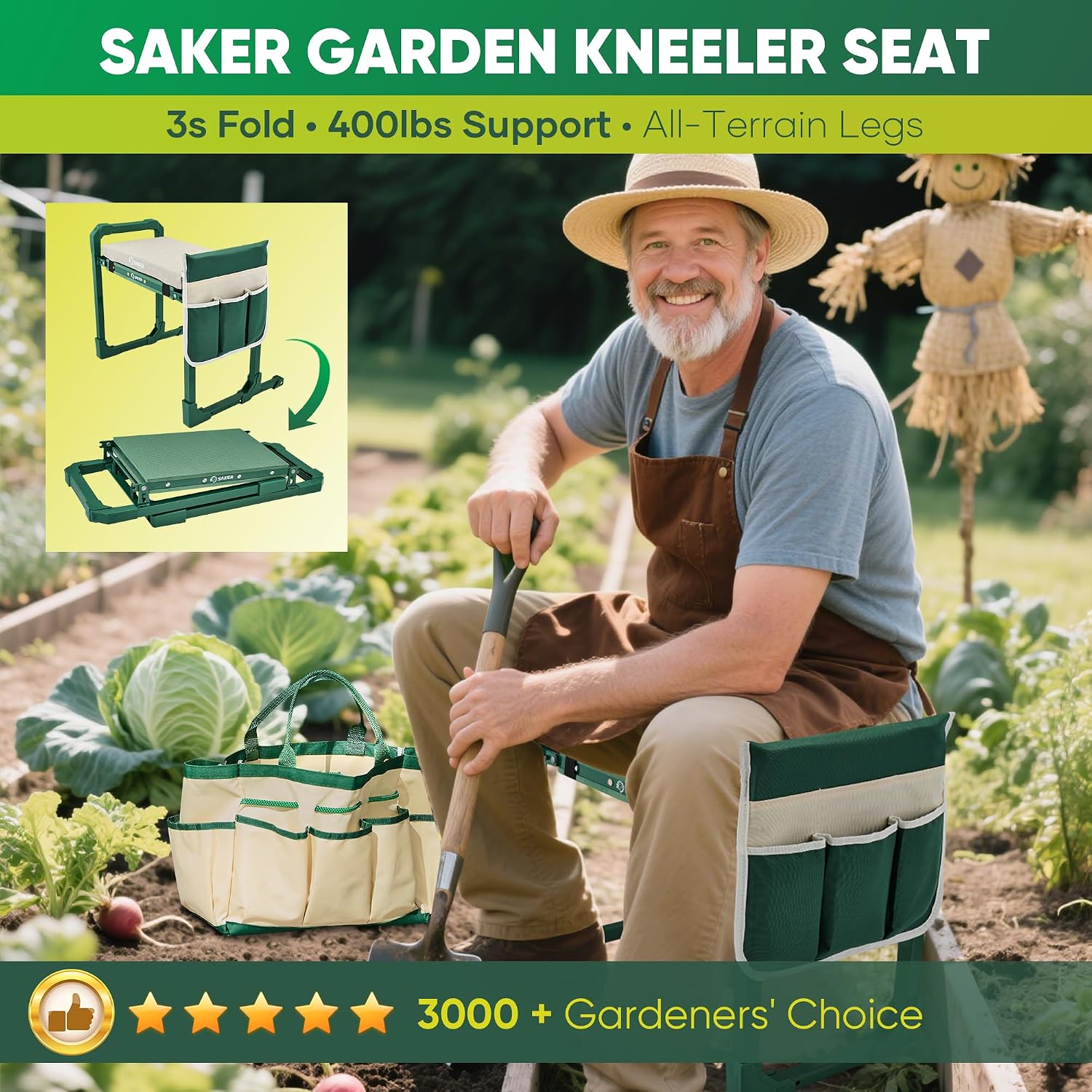 Saker Garden Kneeler and Seat Foldable Gardening Stool with Extendable Legs | Thickened Pad Tool/Storage Bag , Heavy