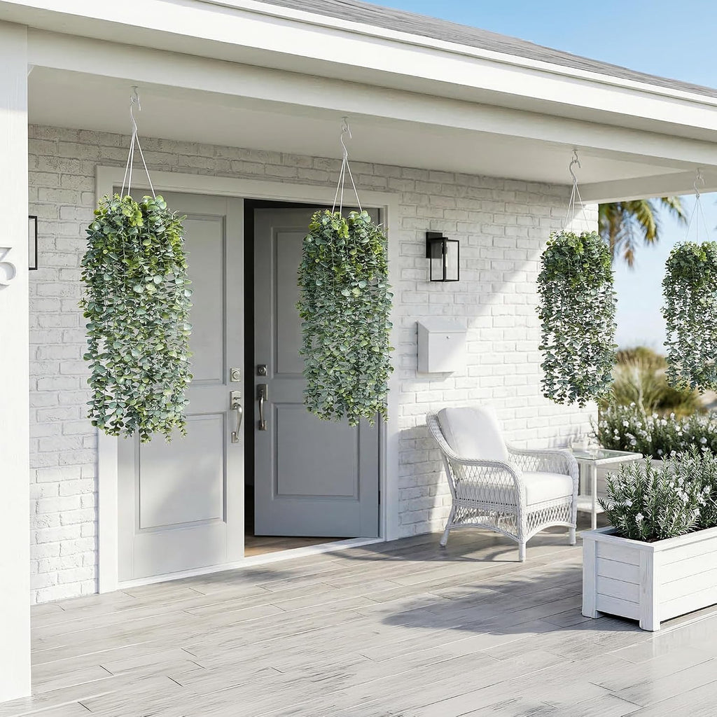 Faux Outdoor Plants Fake Hanging Plants for Outdoors Outside Decorations, 2 Pcs White Faux Eucalyptus Vines Realistic