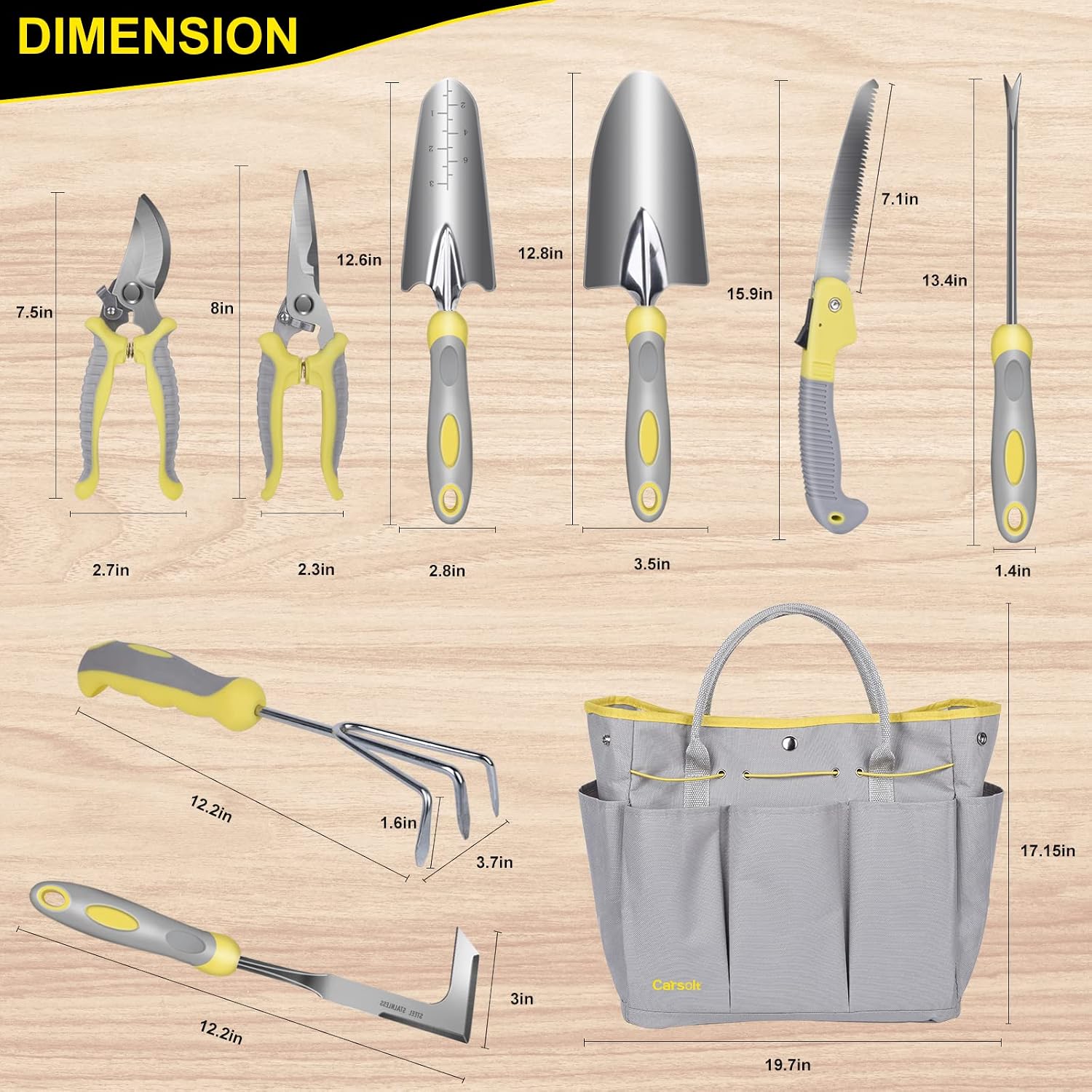 Carsolt 10Pcs Heavy Duty Stainless Steel Garden Hand Tools Set for Planting | Rust-Proof & Ergonomic Handle, Includes