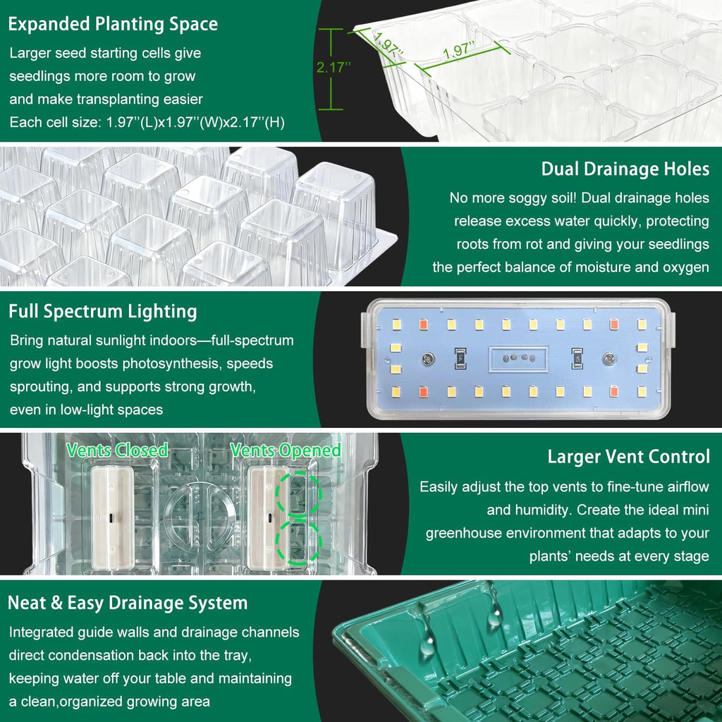 Seed Starter Trays with Grow Lights and Heat Mat, 2 Pack for Seed Starting | Seed Starter Kit with Humidity Dome and