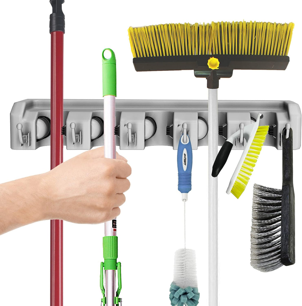 Garden Tool Organizer Wall Mount Broom and Mop Holder, 5 Adjustable Slots and 6 Hooks Utility Rack for Garage or Home