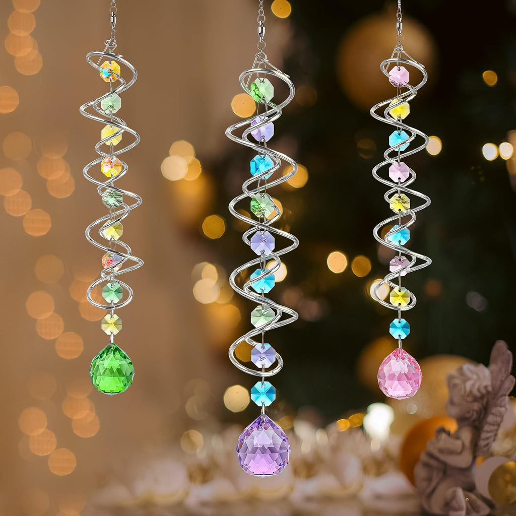 Set of 3 Crystal Suncatcher Spiral Wind Spinner Gazing Ball Decor | Crystal Suncatcher Rainbow Maker with Spiral Tail