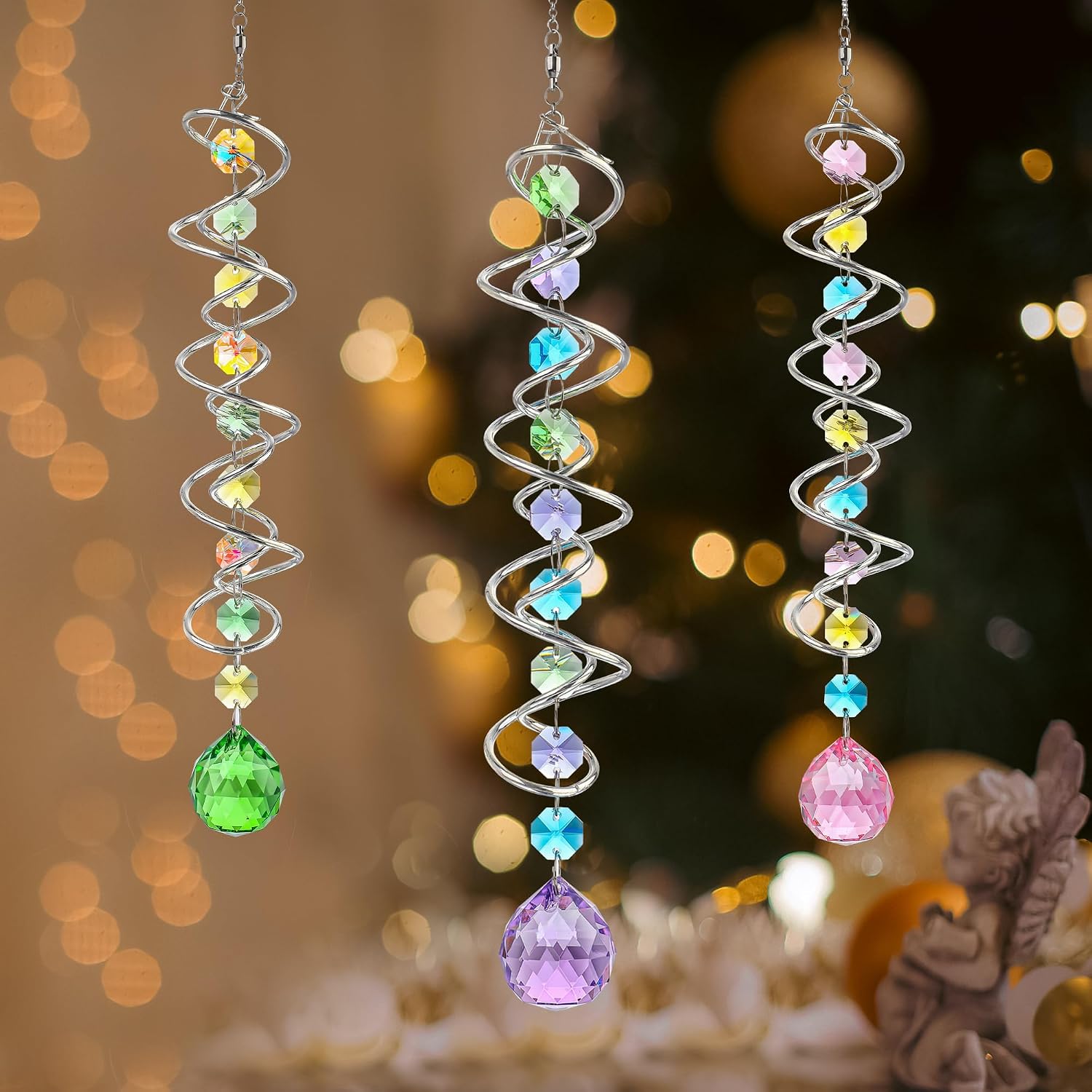 Set of 3 Crystal Suncatcher Spiral Wind Spinner Gazing Ball Decor | Crystal Suncatcher Rainbow Maker with Spiral Tail