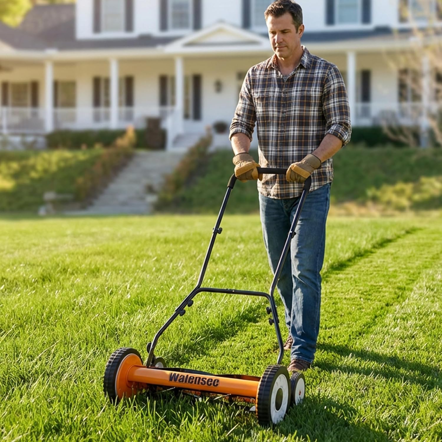 Walensee 18-Inch Manual Lawn Mower, 5-Blade Push Reel, 9 Heights | Precision-Ground Alloy-Steel Blades Deliver Clean