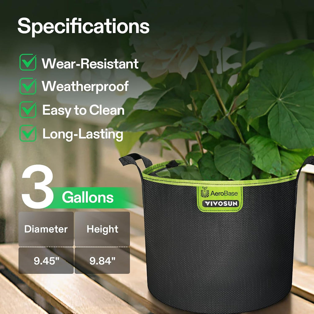 VIVOSUN 3-Pack 3-Gallon AeroBase Grow Bags, Durable Mesh Fabric Plant Container with Breathable Base and Sturdy