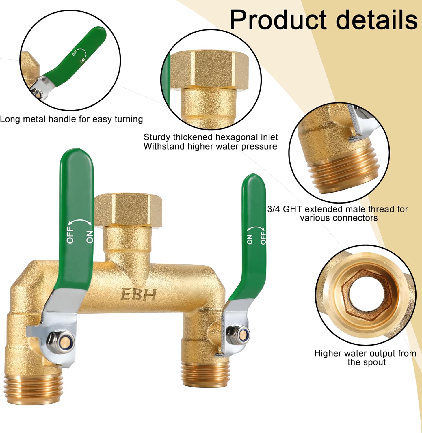 EBH Garden Hose Splitter, 2-Way High Flow Heavy Duty Brass Outdoor Hose Manifold with Extra Long Handles Full Flow