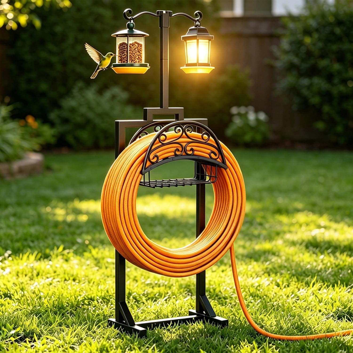 Garden Hose Holder with Shepherds Hooks - Freestanding Metal Water Hose Holder Stand Holds 160ft, Heavy Duty Garden