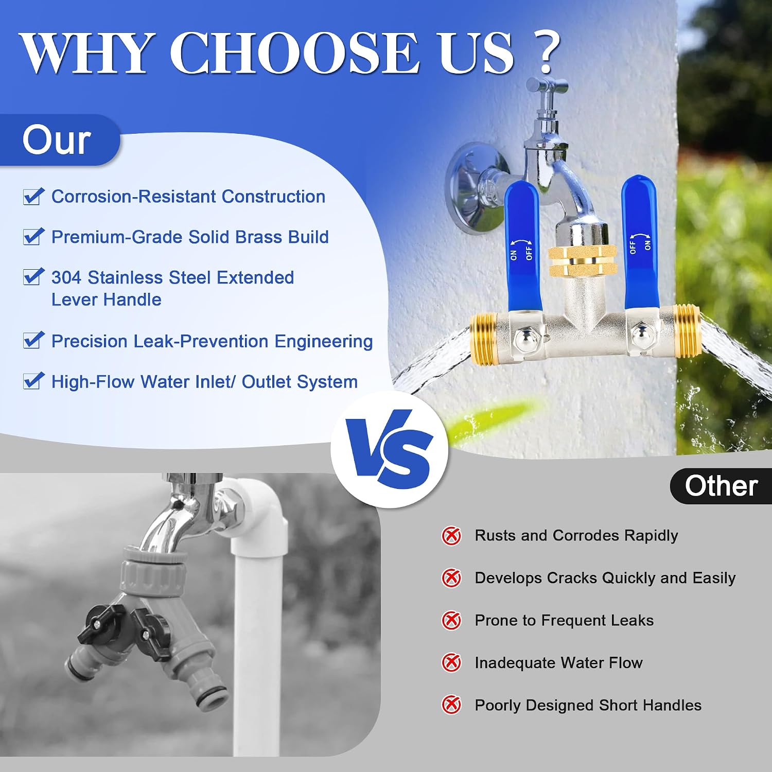 EJW Hose Splitter 2 Way, Garden Hose Splitters, 2 Way Faucet Splitter, Water Spigot Splitter, RV Brass Hose Splitter