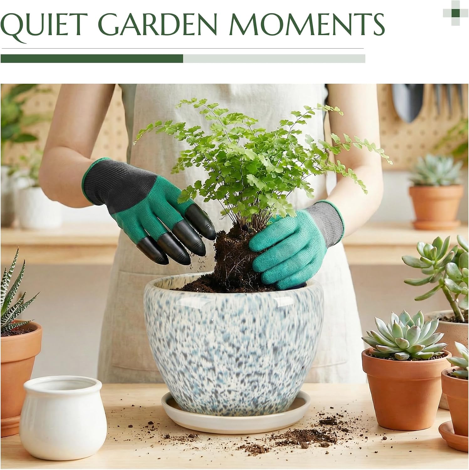8.3 Inch Ceramic Planter with Saucer Leak-Proof Mesh &Drainage, Round Plant Pot with Gardening Gloves for Indoor