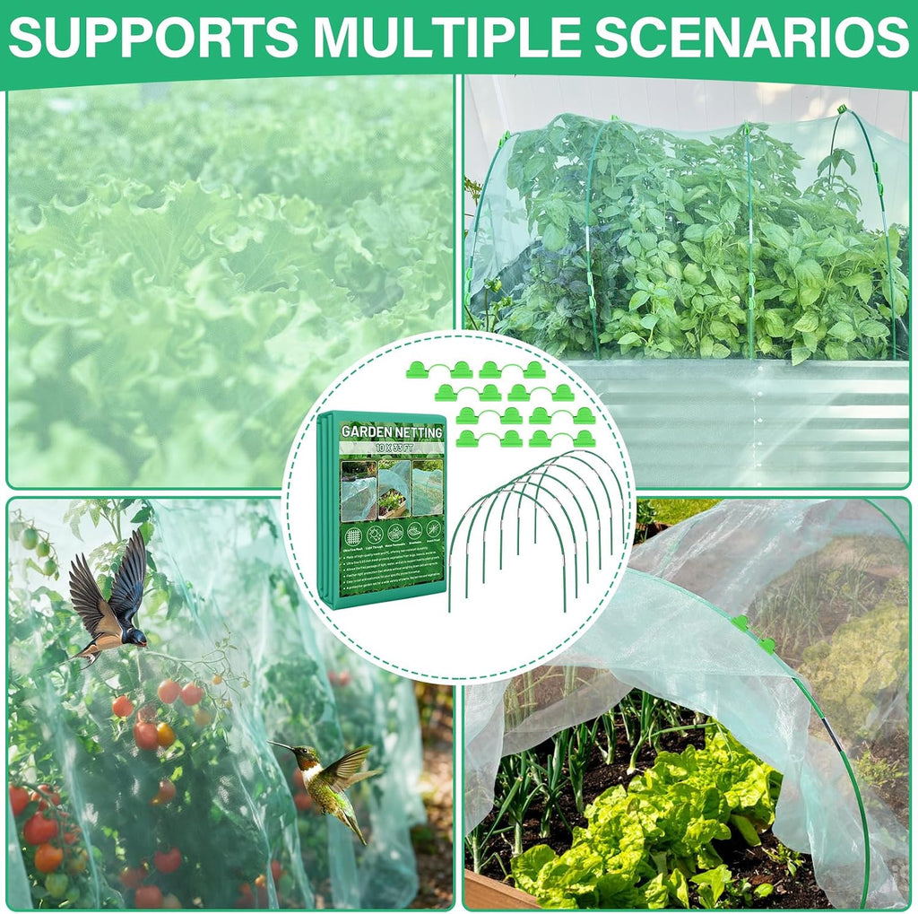 Garden Mesh Netting Kit for Raised Beds, 10x33FT Ultra Fine Mesh Netting& 6 Sets 8FT Fiberglass Garden Hoops, Insect