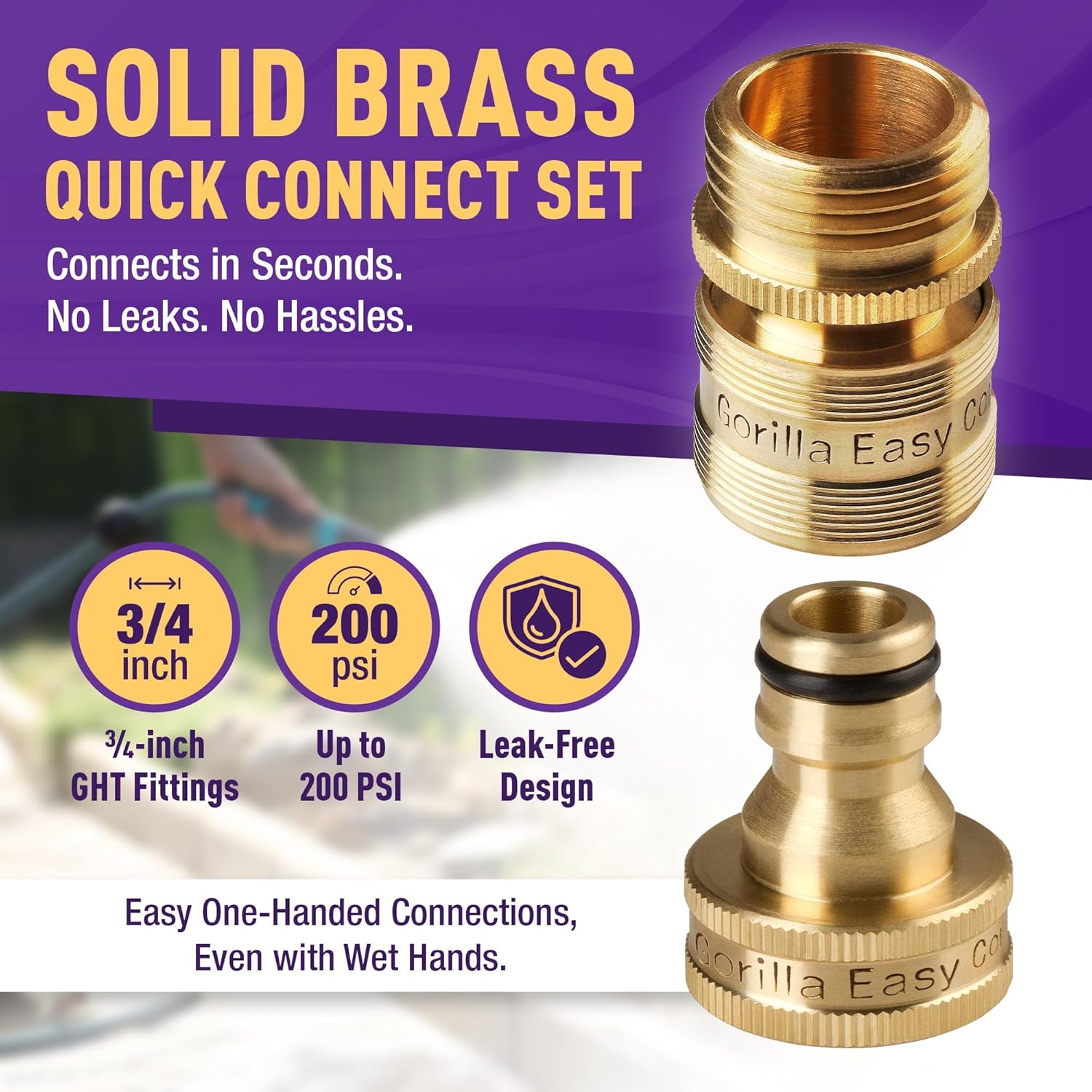 Garden Hose Quick Connect Fittings ¾ Inch GHT Solid Brass Leak Proof to 200 PSI Heavy Duty