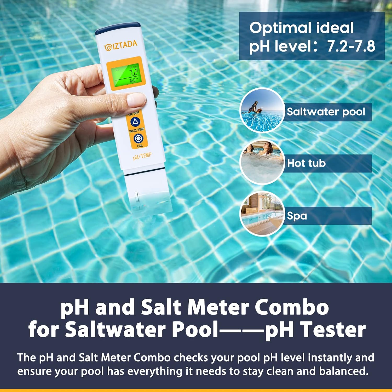 pH Meter and Salinity Tester Combo for Saltwater Pool and Aquarium | 6 in 1 pH Salt SG EC TDS Temp Meter for Reef