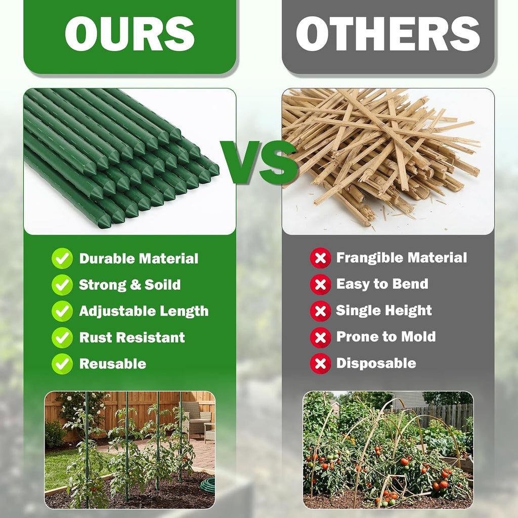 Garden Stakes 70 Pack, 16 Inch Plastic Coated Metal Tomato Stakes, DIY 4ft 5ft 6ft 7ft Plant Support Stakes with 40