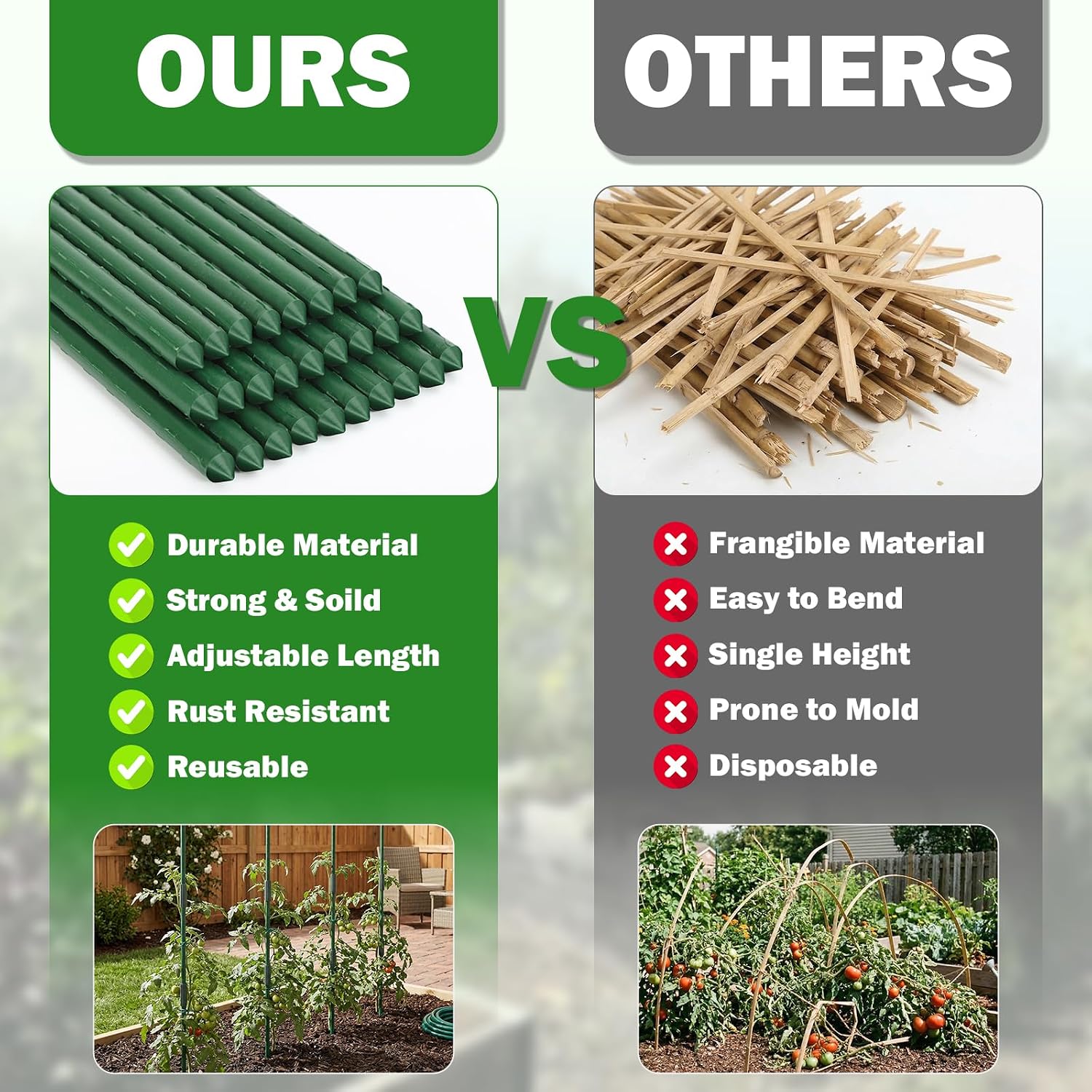 Garden Stakes 70 Pack, 16 Inch Plastic Coated Metal Tomato Stakes, DIY 4ft 5ft 6ft 7ft Plant Support Stakes with 40