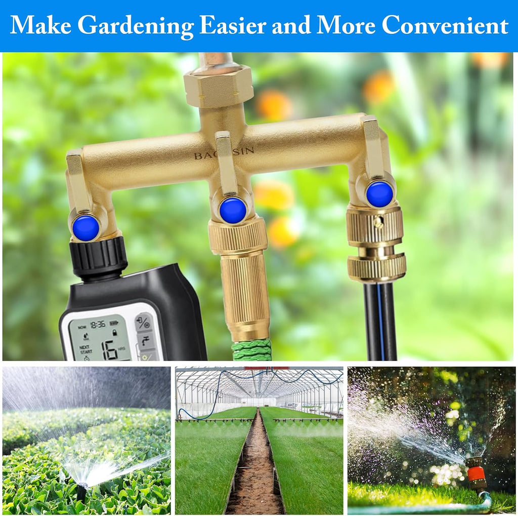 Brass Garden Hose Splitter, 3 Way Hose Splitter, Outdoor Hose Splitter, Outlet for Regulating and Shutting Off Water