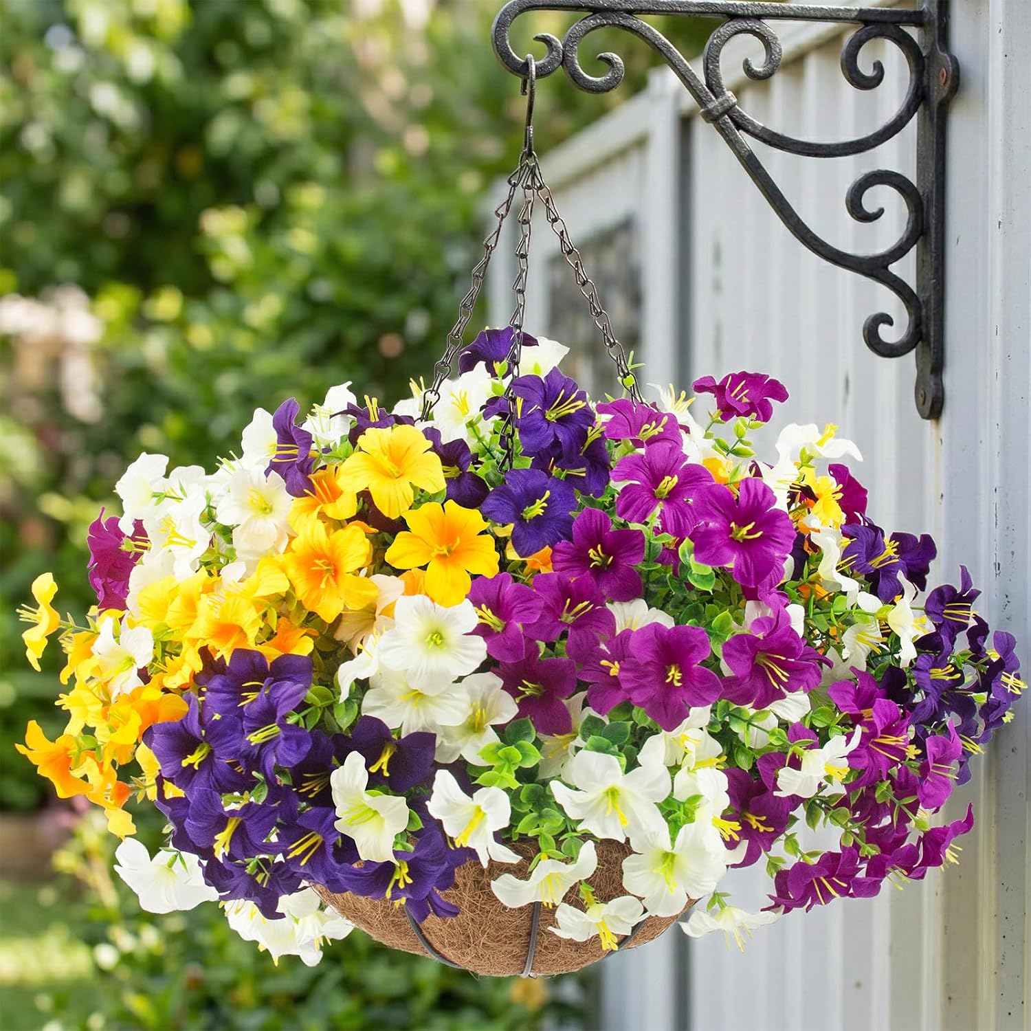 2 Set Artificial Outdoor Flowers with Hanging Baskets,24 Pcs UV Resistant Faux Petunias Flowers with Hanging Planter