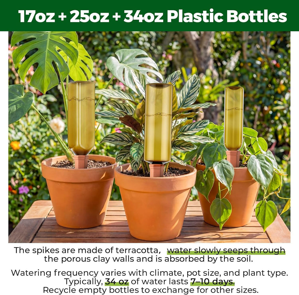 12 Pcs 17oz 25oz 34oz Plant Watering Devices 6 Terracotta Self Watering Spikes 6 Plastic Bottles Slow Release Vacation