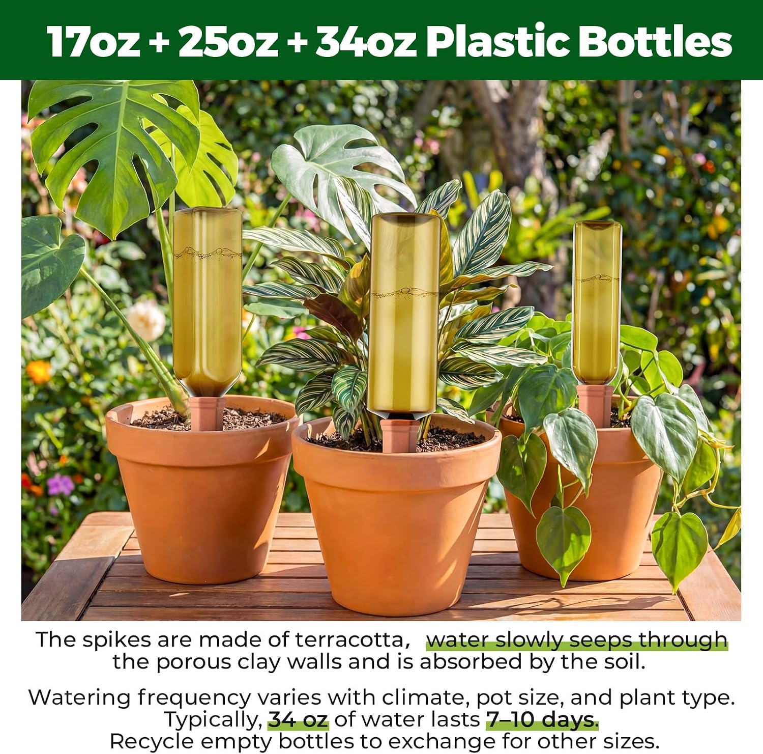12 Pcs 17oz 25oz 34oz Plant Watering Devices 6 Terracotta Self Watering Spikes 6 Plastic Bottles Slow Release Vacation