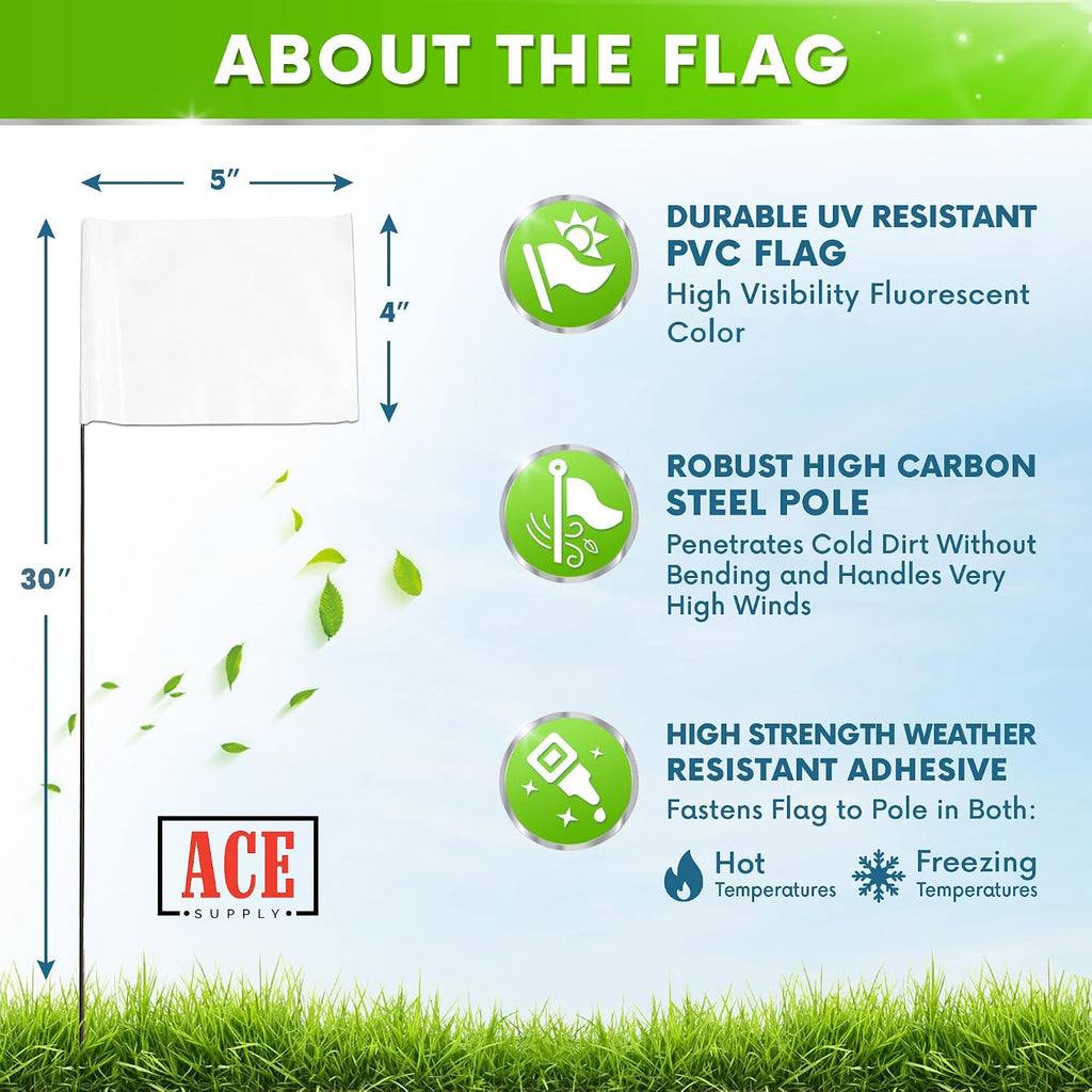 White Marking Flags 100 Pack - 4x5x30 Inch White Flags for Yard - Markers For Lawn, Irrigation, Landscaping, Survey &