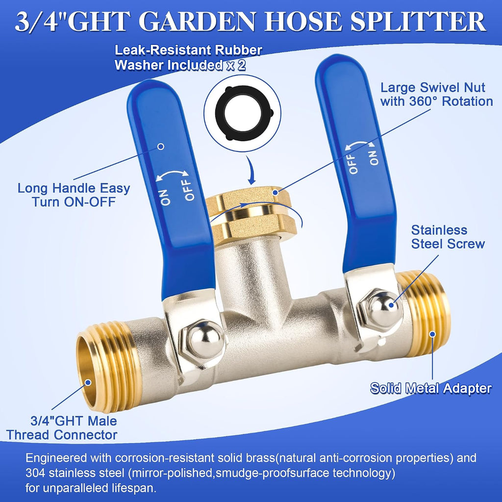 EJW Hose Splitter 2 Way, Garden Hose Splitters, 2 Way Faucet Splitter, Water Spigot Splitter, RV Brass Hose Splitter
