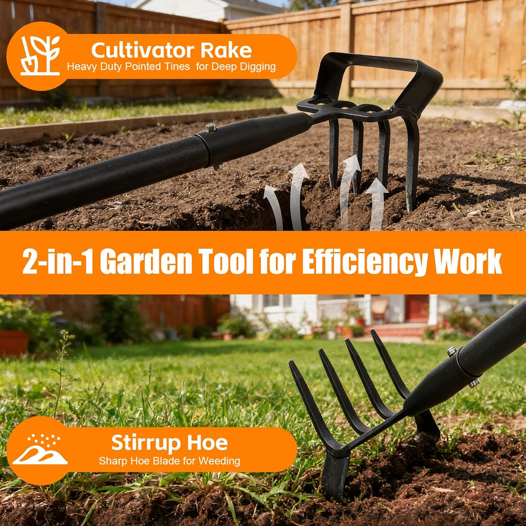 Garden Hoe, 72 Inch Soil Tiller Cultivator Stirrup Hoe, Heavy Duty 2-in-1 Garden Tool with Adjustable Long Handle