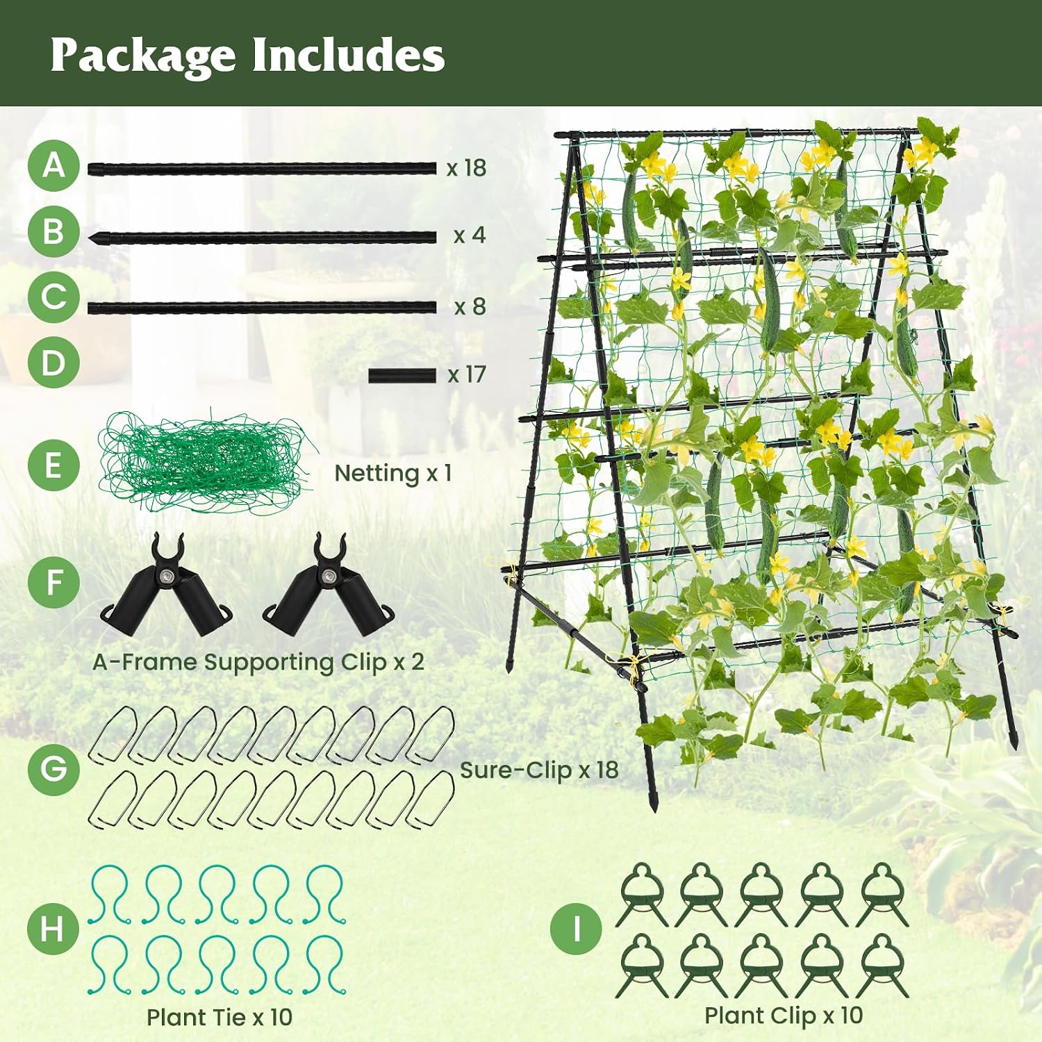 Giantex Cucumber Trellis, Trellis for Climbing Plants Outdoor, Garden Trellis w/Netting, PE-Coated Metal, Clips, Plant