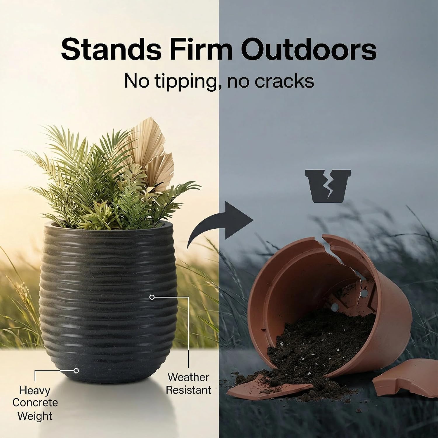 15" Dia x 16.5" H Concrete Planter with Wavy Texture, Black - 1 Pack | Large Flower Pot with Drainage Hole and Silicone