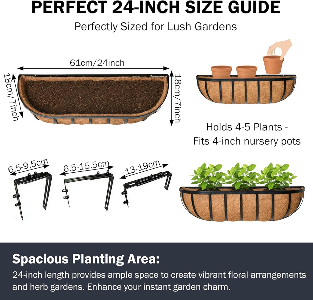 24“ Window Box Railing Planter with Coco Liner Metal Wall-Mounted Coconut Liner Planter Basket English Horse Trough