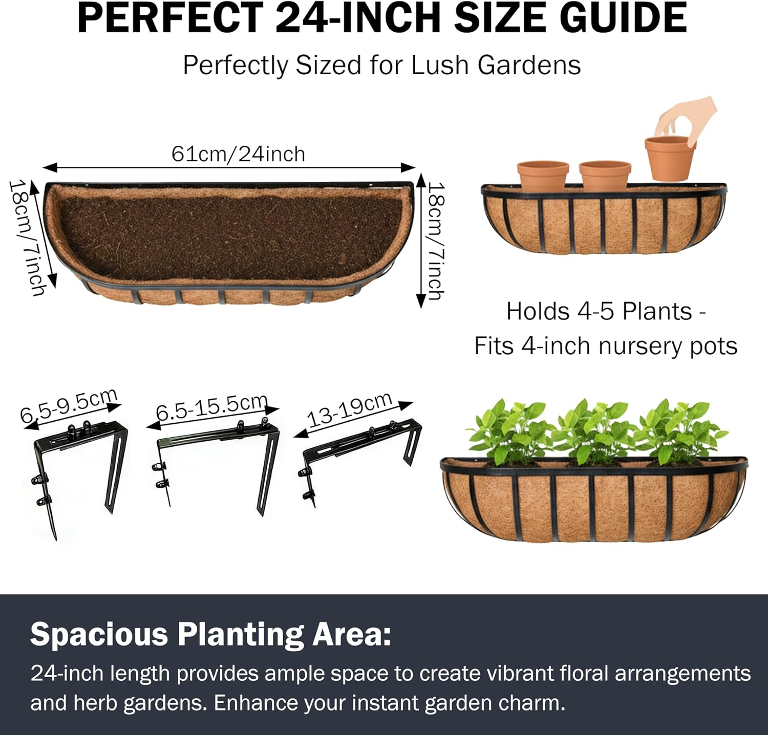 24“ Window Box Railing Planter with Coco Liner Metal Wall-Mounted Coconut Liner Planter Basket English Horse Trough