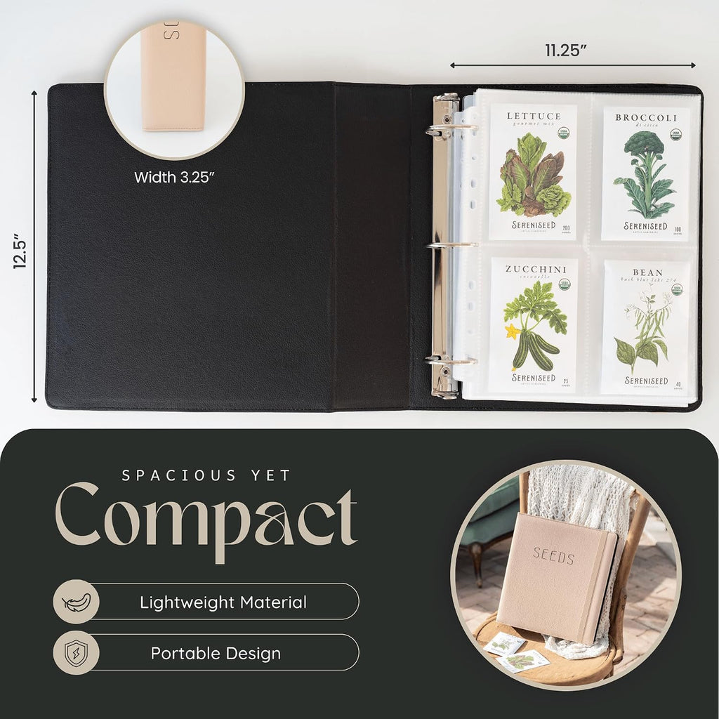 Seed Storage Binder – Garden Seed Organizer with 50 Sheet Protectors, 5 Dividers & Flap-Top Inserts - Stores 200 Seed