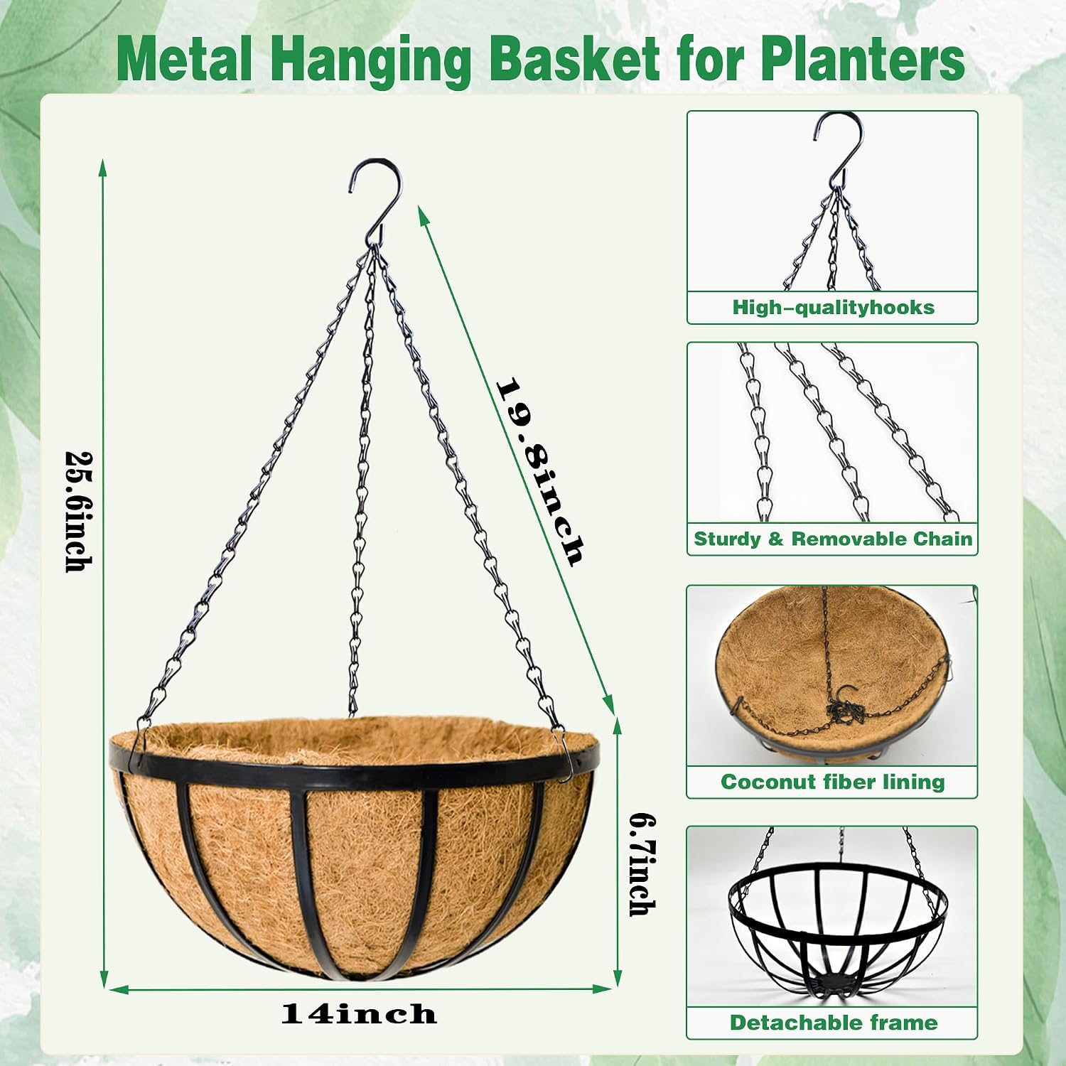 4 Pack 14 Inch Hanging Planters for Outdoor Plants Metal Hanging Planter Basket with Coco Coir Liner Round Plant Black