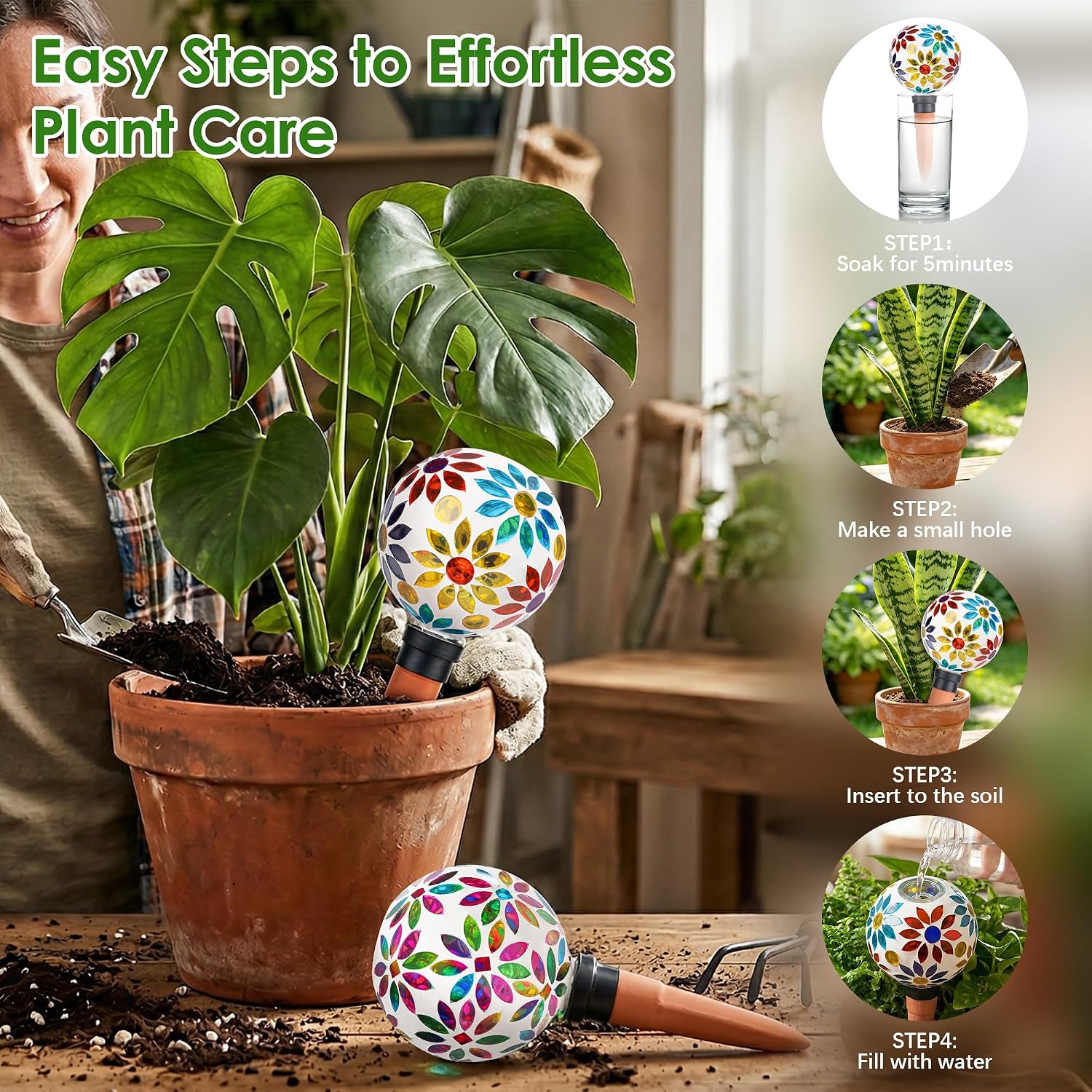 Terracotta Watering Spikes Mosaic Watering Globes 2 Pack | Automatic Plant Waterer Watering Devices Water Bulbs for