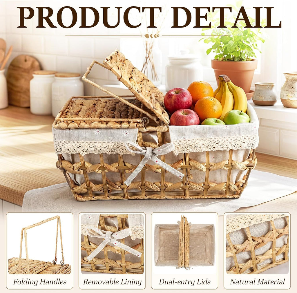 LemonRoad Wicker Picnic Basket with Handle & Lid, 14" Water Hyacinth & Seagrass Hand Woven Basket with Removable Liner