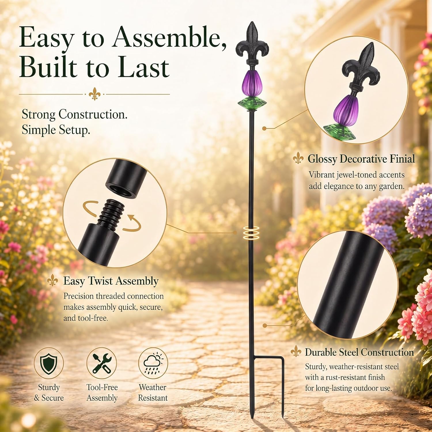 Tandefio 3 Pcs Decorative Garden Stakes Outdoor Metal Yard Decor 25" H Flower Bed Plant Pick Stick Art Ornament Decor