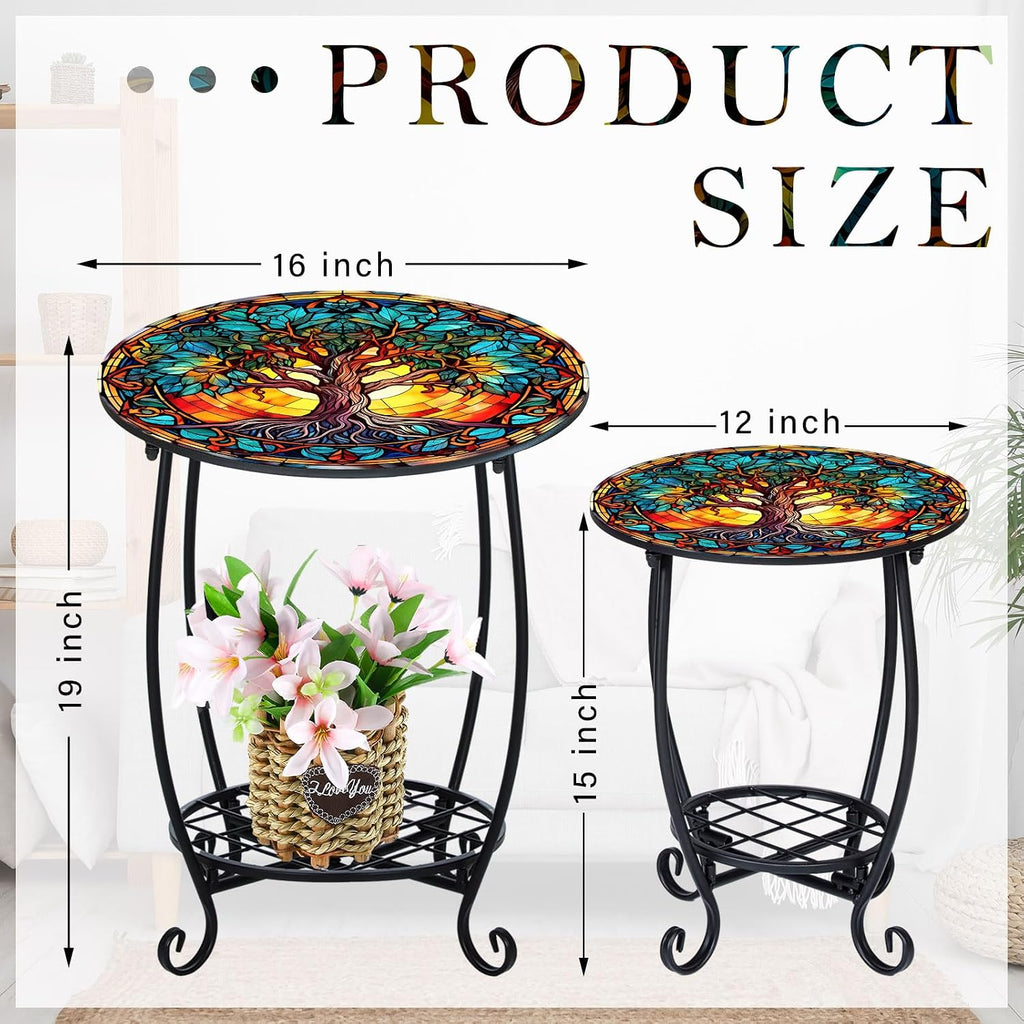 Cinnvoice 2 Outdoor Side Table Small Patio End Table, 12",16", Tree | Mosaic, Outdoor Side Table, Accent, Indoor