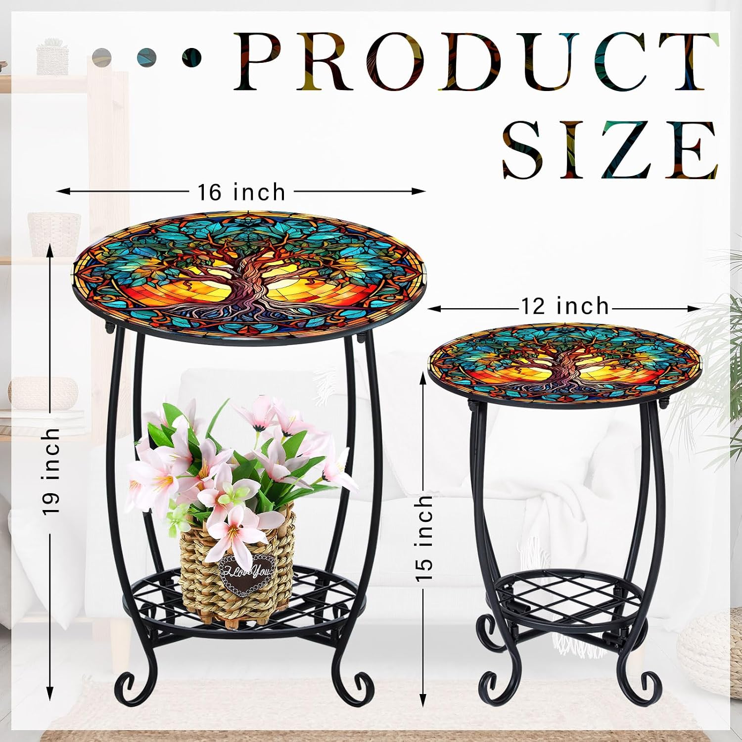 Cinnvoice 2 Outdoor Side Table Small Patio End Table, 12",16", Tree | Mosaic, Outdoor Side Table, Accent, Indoor